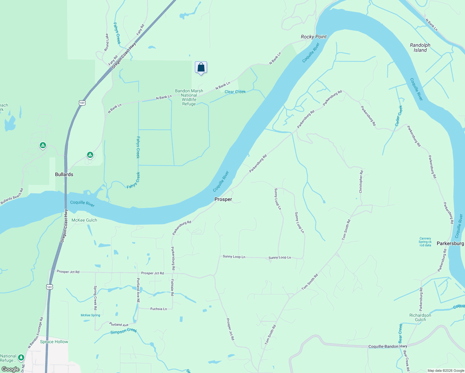 map of restaurants, bars, coffee shops, grocery stores, and more near 57543 Parkersburg Road in Bandon