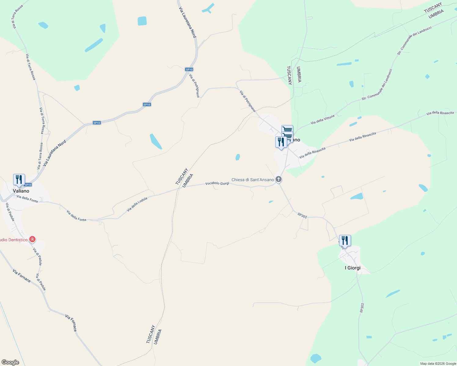map of restaurants, bars, coffee shops, grocery stores, and more near 11 Vocabolo Giorgi in Provincia di Perugia