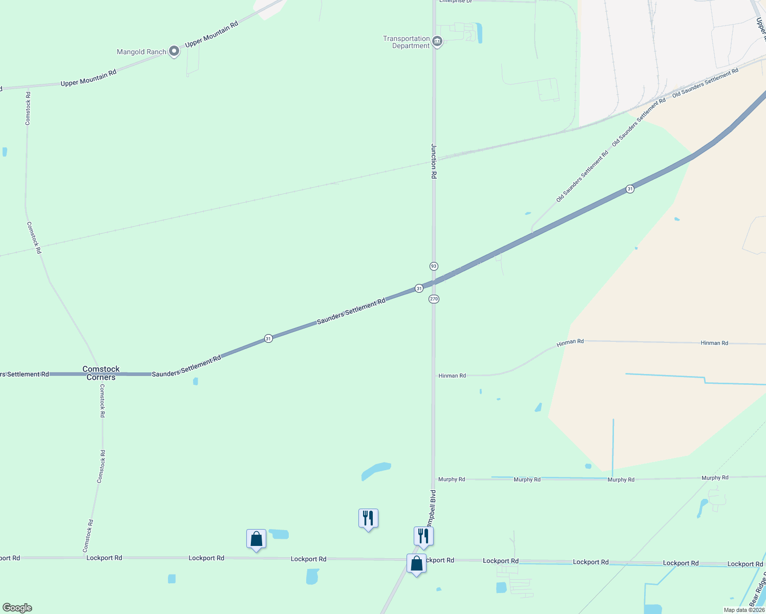 map of restaurants, bars, coffee shops, grocery stores, and more near 5128 Saunders Settlement Road in Lockport