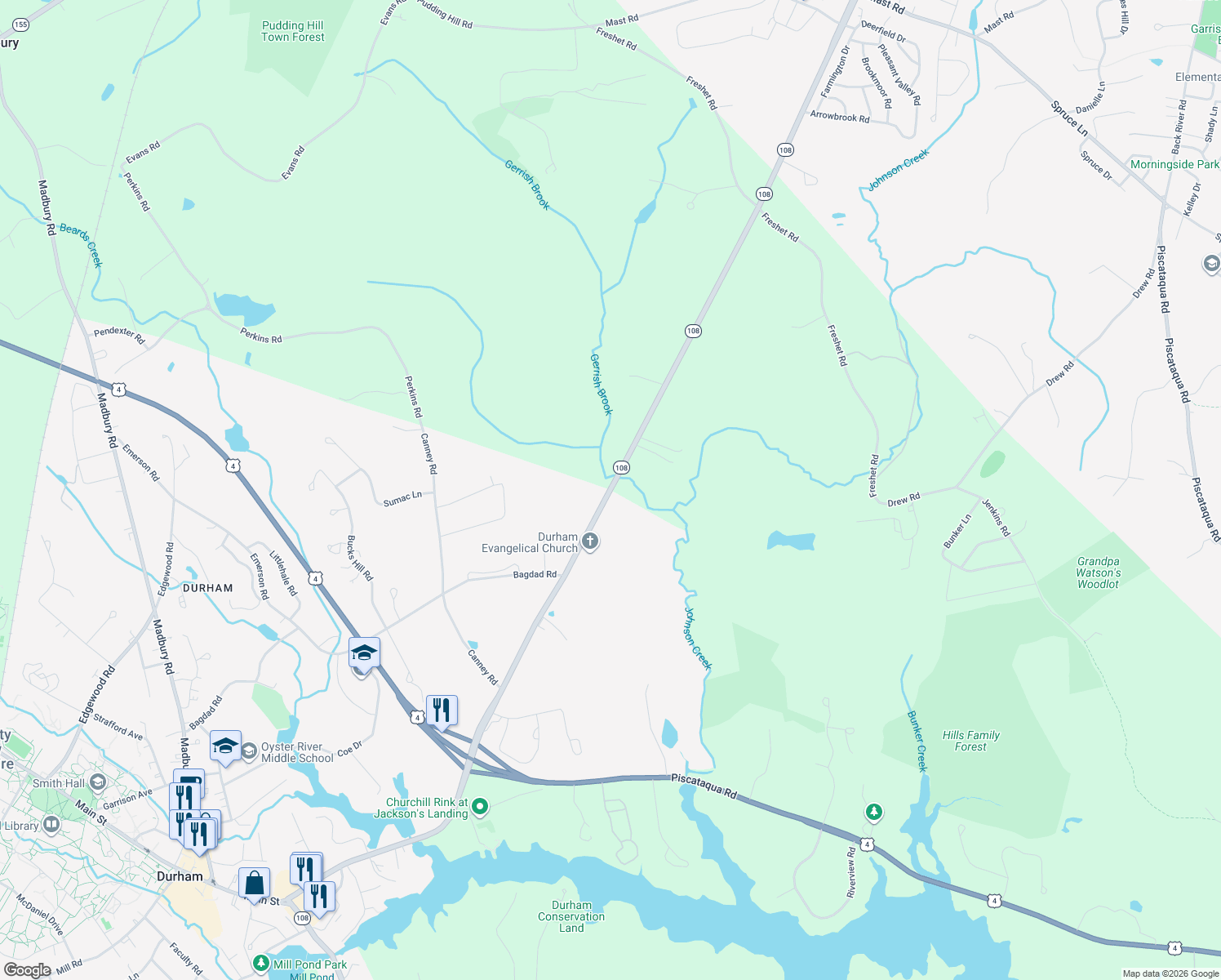 map of restaurants, bars, coffee shops, grocery stores, and more near 118 Dover Road in Durham