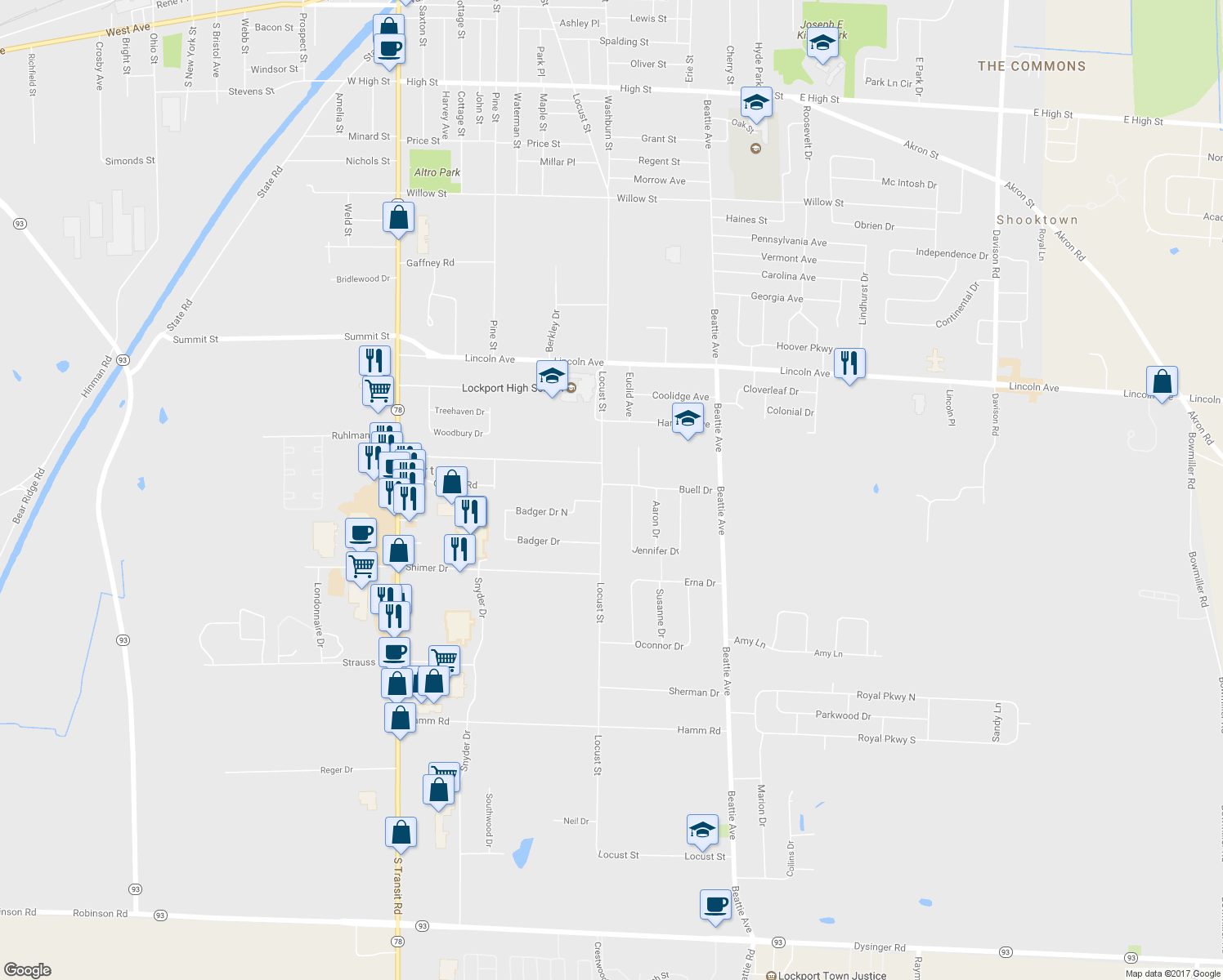 map of restaurants, bars, coffee shops, grocery stores, and more near 5681 Locust Street in Lockport