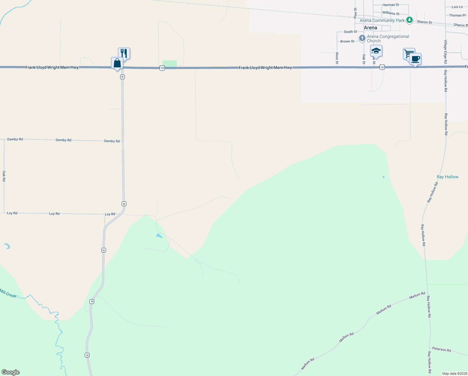 map of restaurants, bars, coffee shops, grocery stores, and more near 7535 U.S. 14 in Arena