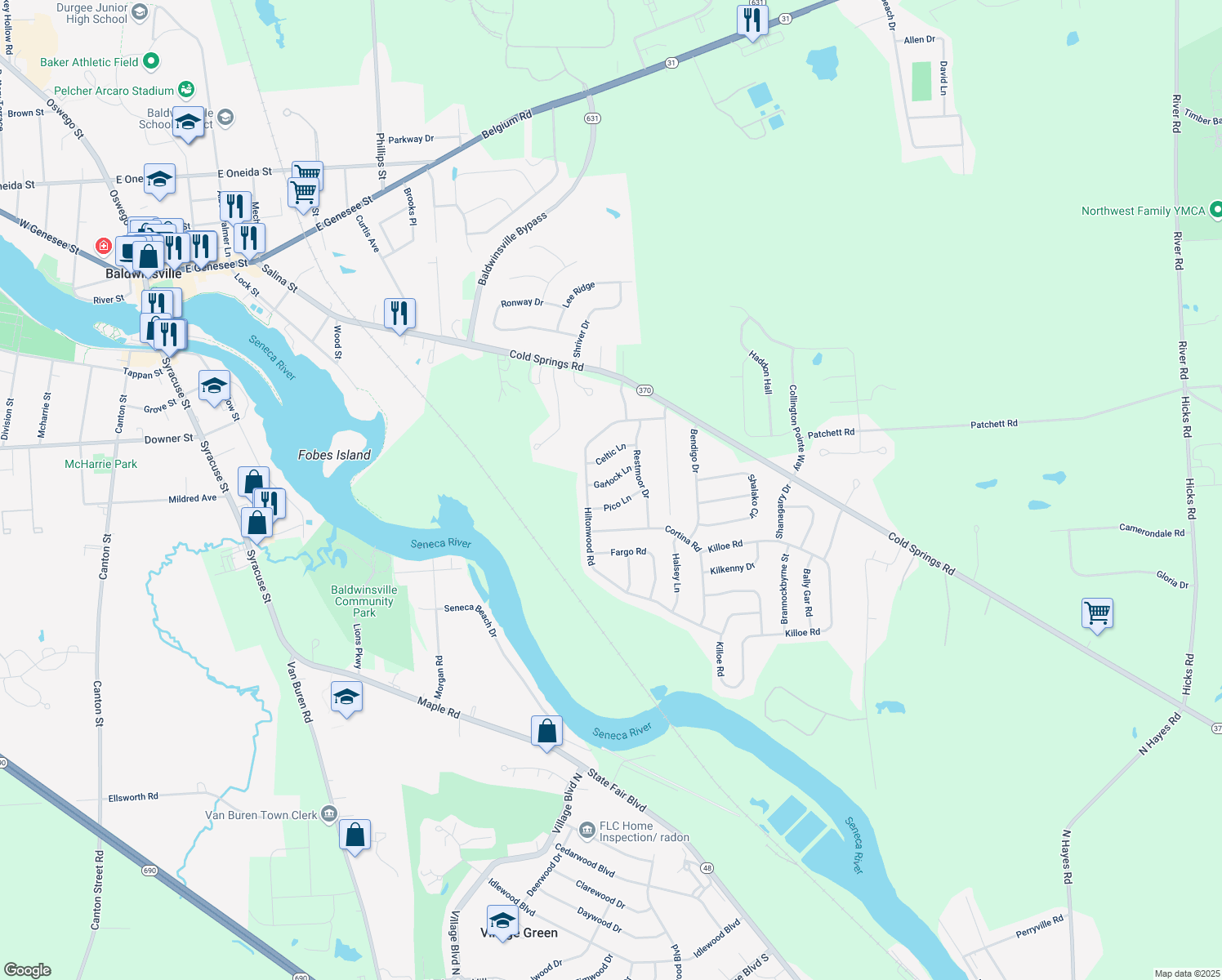 map of restaurants, bars, coffee shops, grocery stores, and more near 6567 Garlock Ln in Baldwinsville