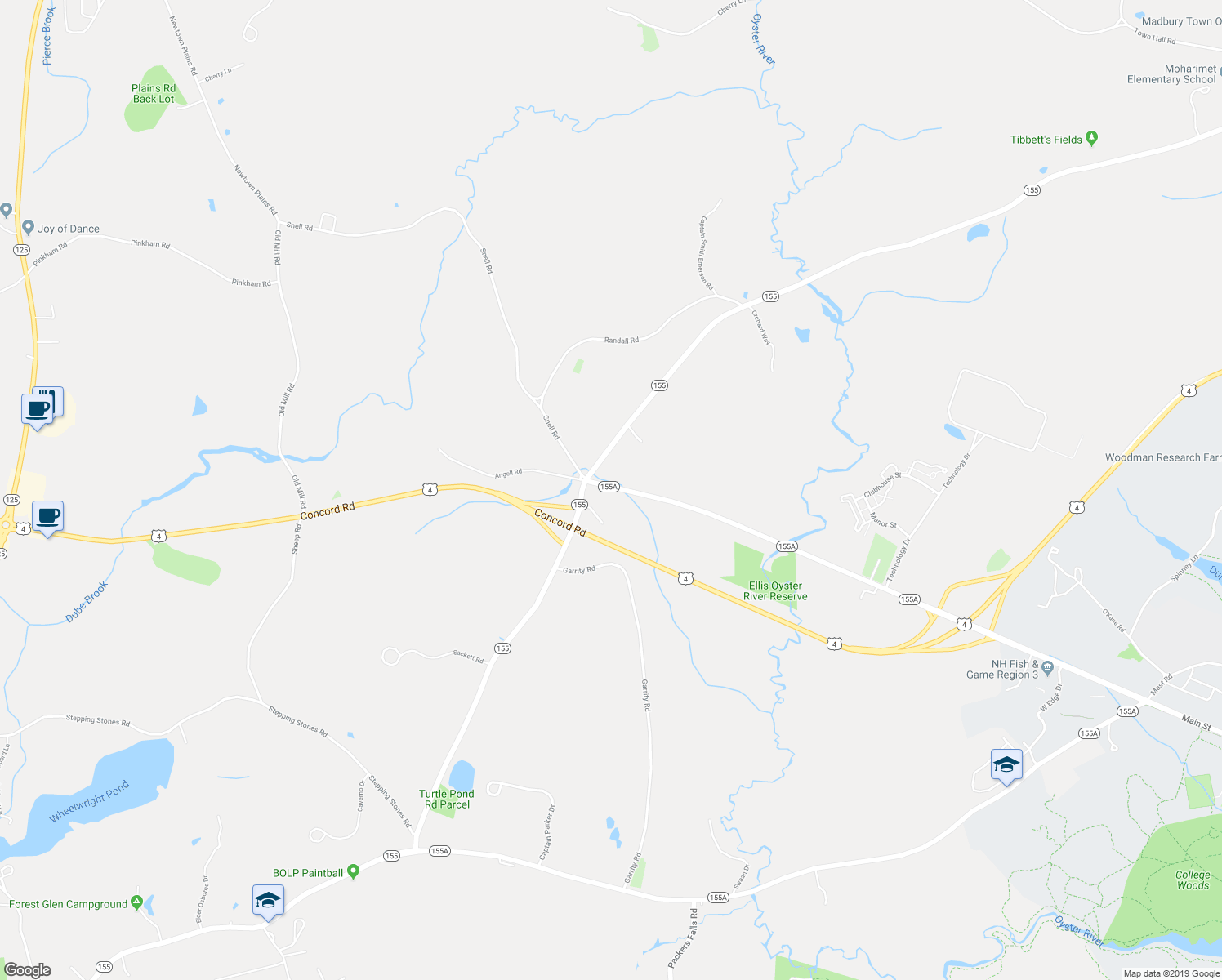map of restaurants, bars, coffee shops, grocery stores, and more near 3 Joe Ford Road in Lee