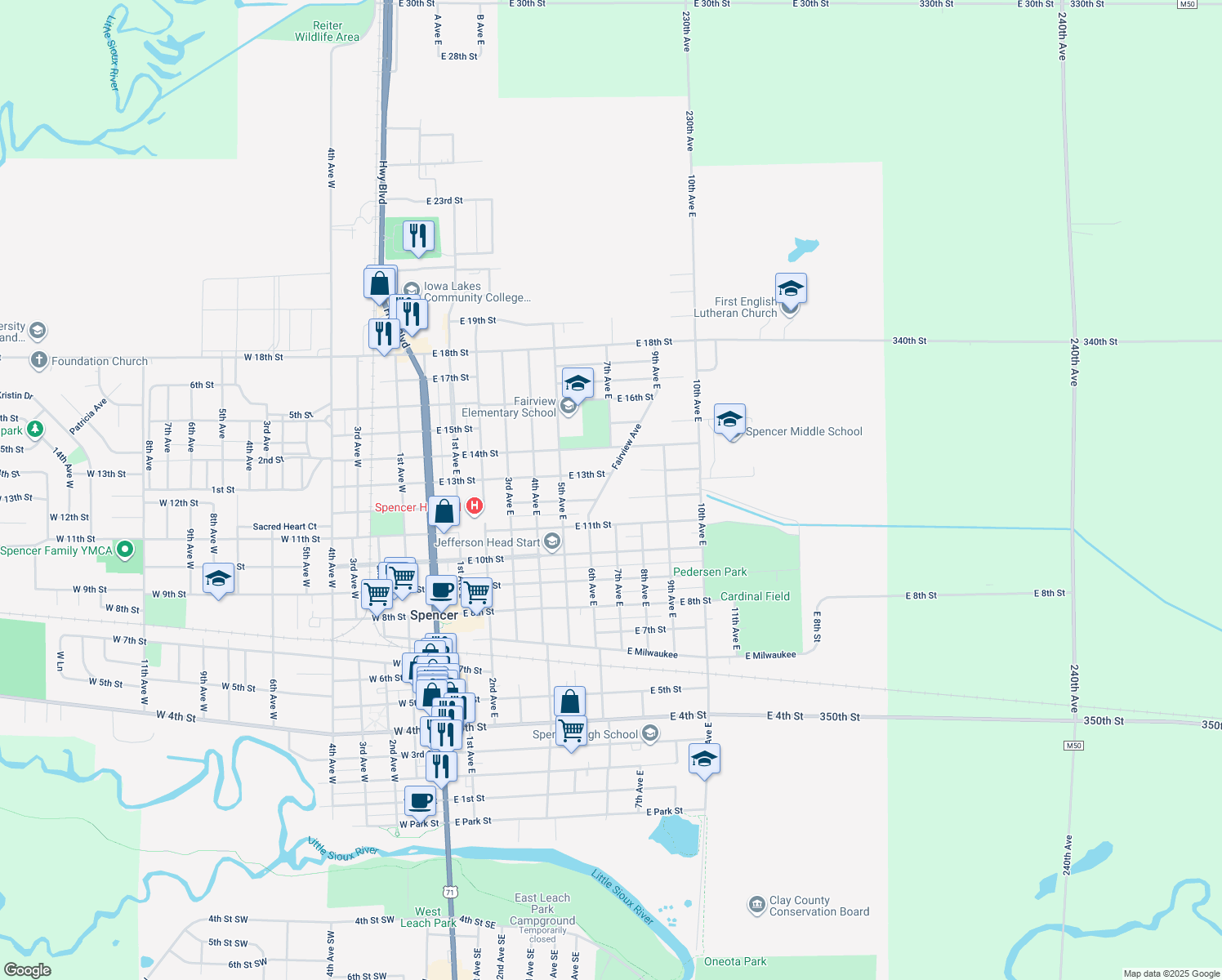 map of restaurants, bars, coffee shops, grocery stores, and more near 1210 Fairview Ave in Spencer