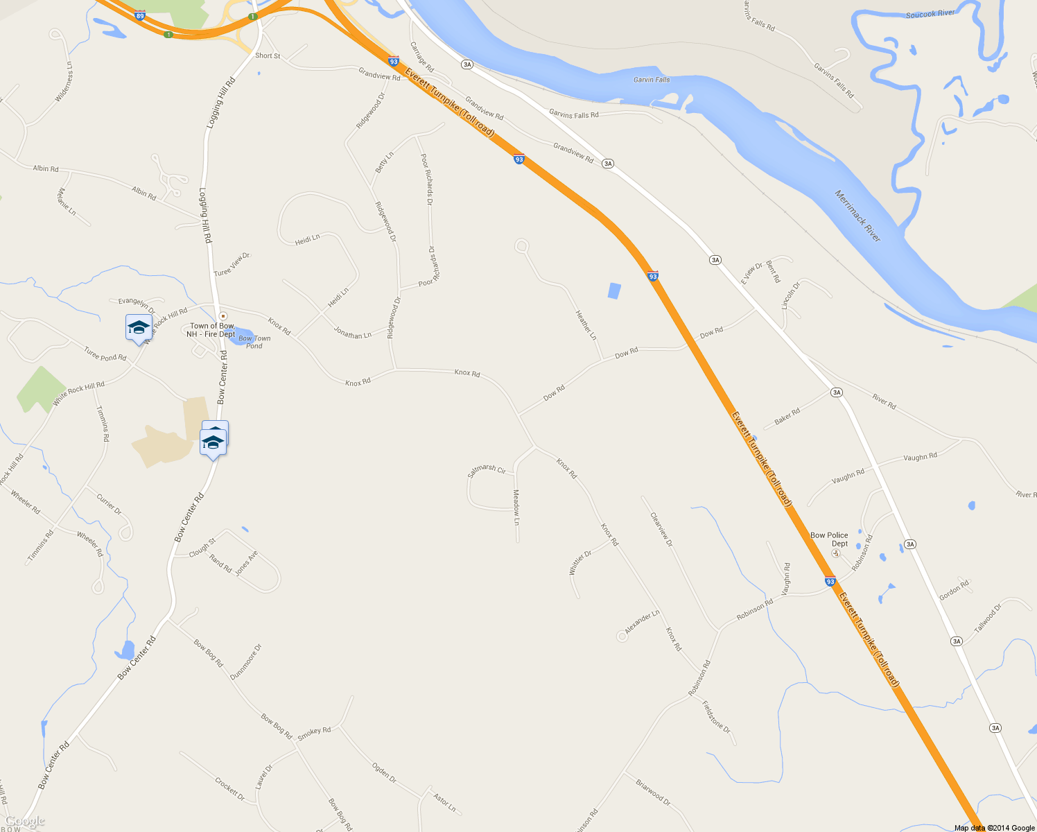 map of restaurants, bars, coffee shops, grocery stores, and more near 55 Knox Road in Bow