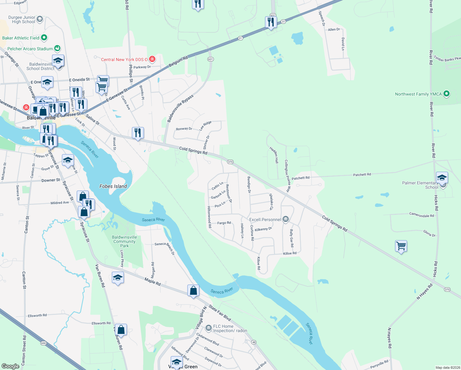 map of restaurants, bars, coffee shops, grocery stores, and more near 7854 Restmoor Drive in Baldwinsville