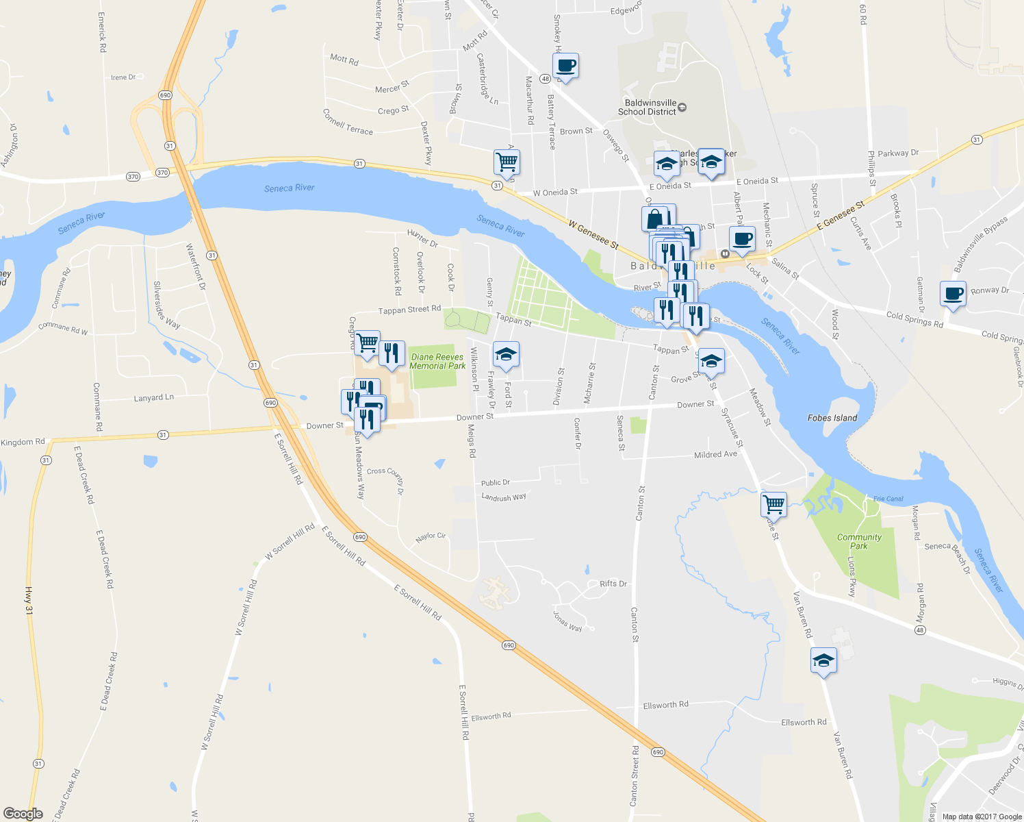 map of restaurants, bars, coffee shops, grocery stores, and more near 108 Downer Street in Baldwinsville