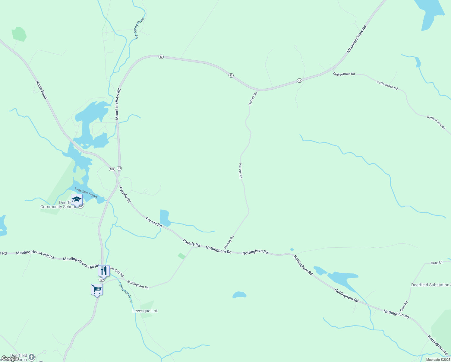 map of restaurants, bars, coffee shops, grocery stores, and more near 32 Harvey Road in Deerfield
