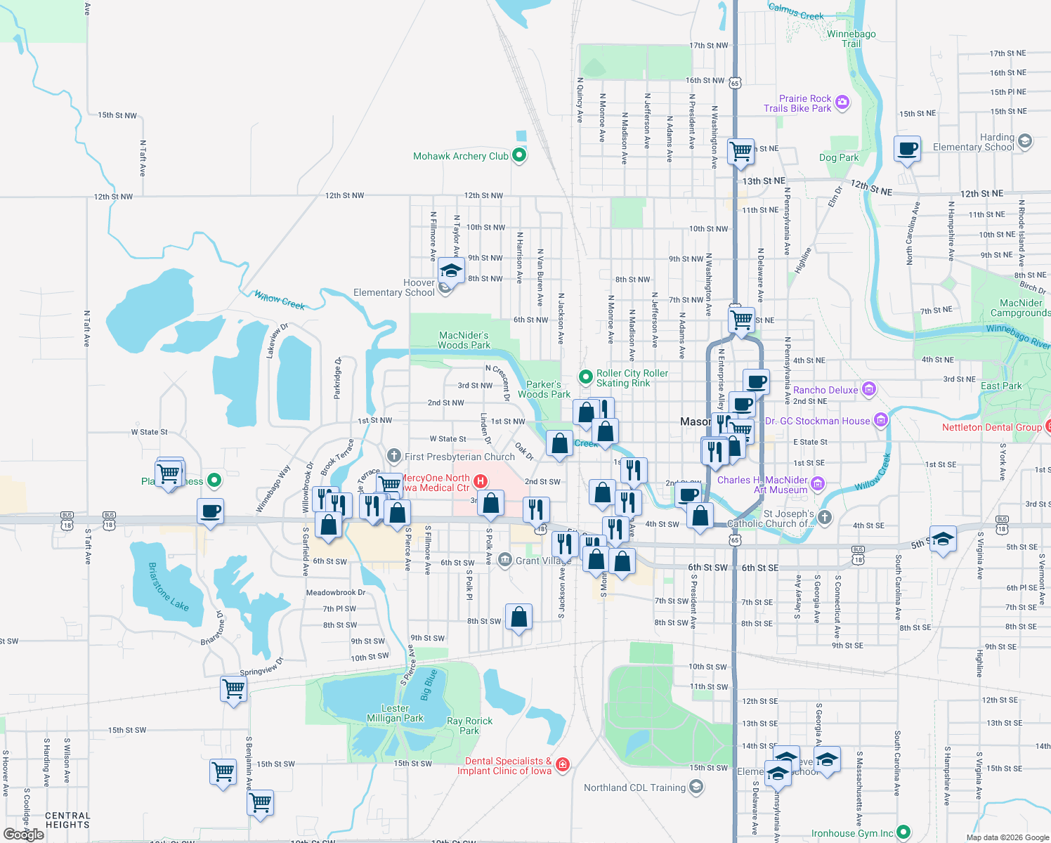 map of restaurants, bars, coffee shops, grocery stores, and more near 98 Crescent Drive in Mason City