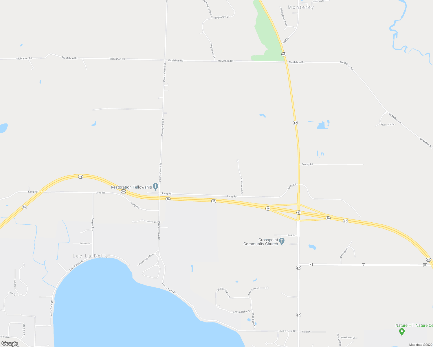 map of restaurants, bars, coffee shops, grocery stores, and more near N72W38508 Lang Road in Oconomowoc