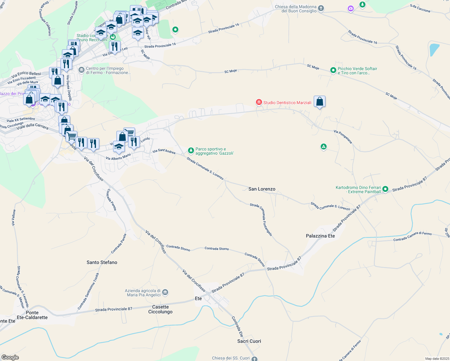 map of restaurants, bars, coffee shops, grocery stores, and more near 7 Strada Comunale San Lorenzo in Provincia di Fermo