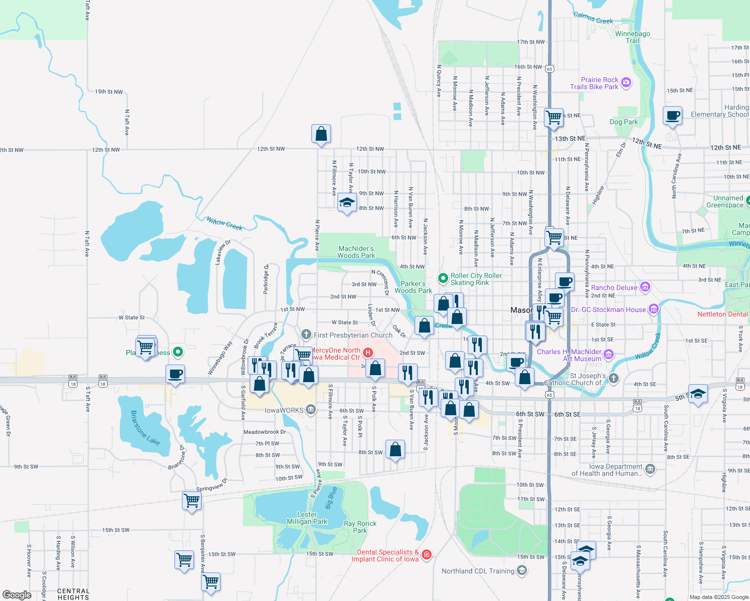 map of restaurants, bars, coffee shops, grocery stores, and more near 857 2nd Street Northwest in Mason City