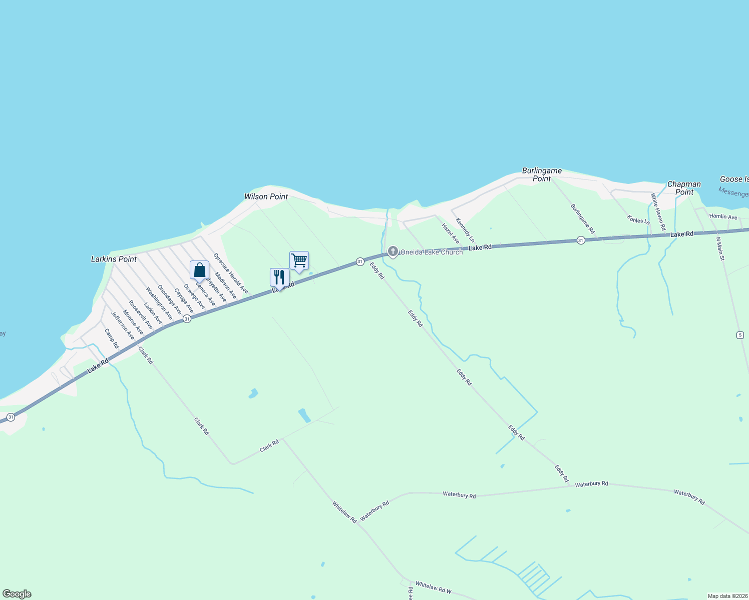 map of restaurants, bars, coffee shops, grocery stores, and more near 8929 Eddy Road in Canastota
