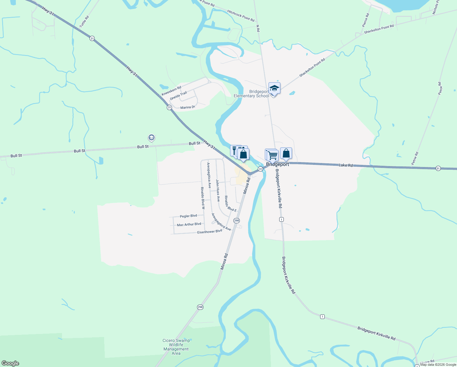 map of restaurants, bars, coffee shops, grocery stores, and more near 7908 Rinaldo Blvd E in Bridgeport