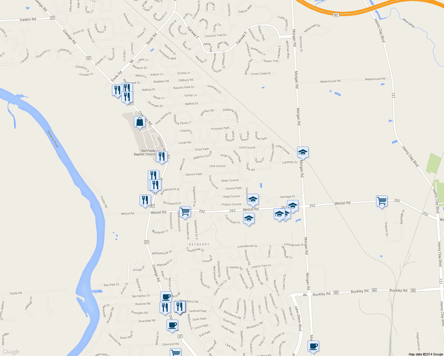 map of restaurants, bars, coffee shops, grocery stores, and more near 4243 Altair Course in Liverpool