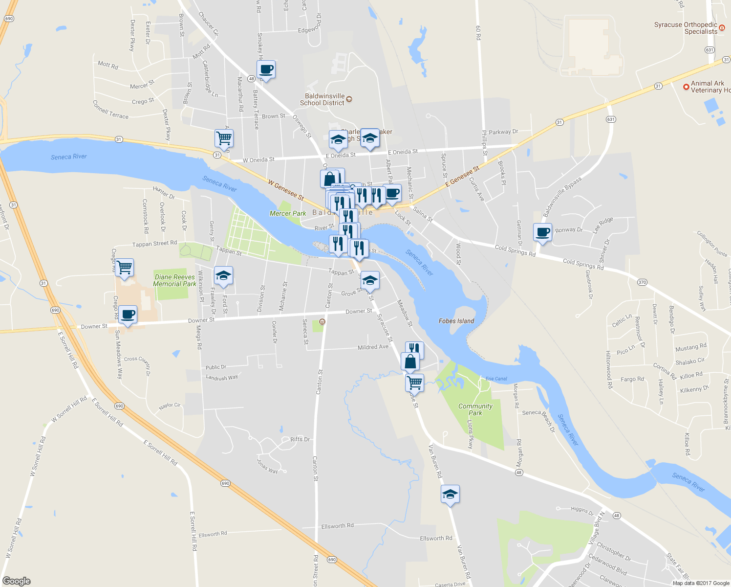 map of restaurants, bars, coffee shops, grocery stores, and more near 42 Syracuse Street in Baldwinsville