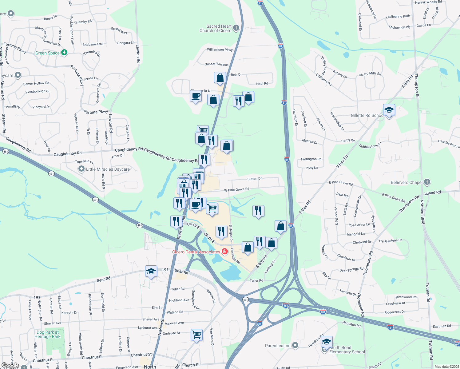 map of restaurants, bars, coffee shops, grocery stores, and more near 7911 Sutton Dr in Cicero