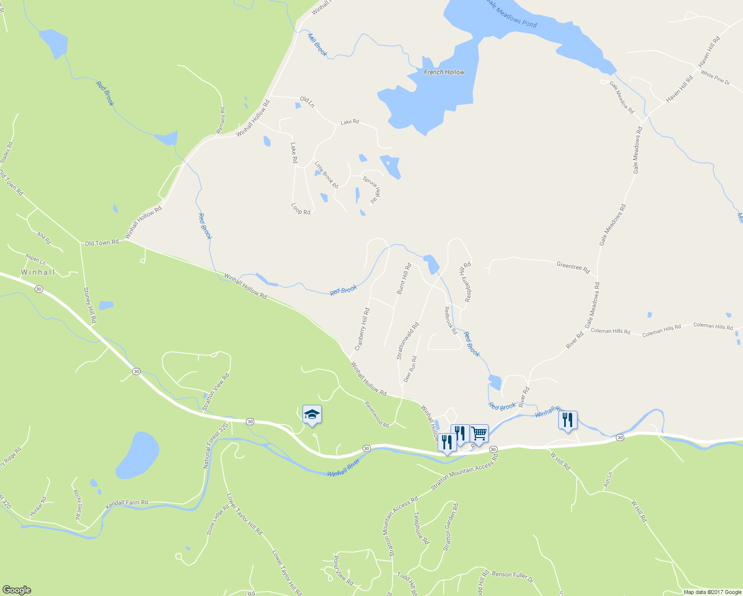 map of restaurants, bars, coffee shops, grocery stores, and more near 6 Burnt Hill Lane in Winhall