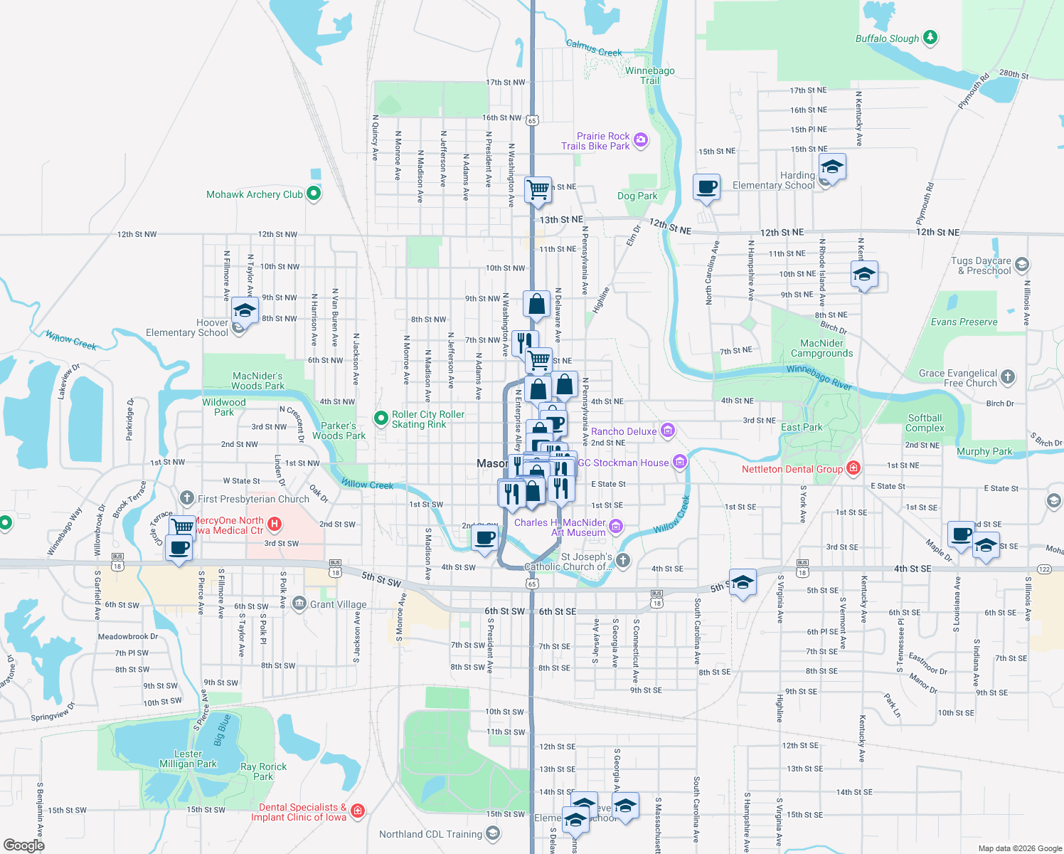 map of restaurants, bars, coffee shops, grocery stores, and more near 258 North Federal Avenue in Mason City
