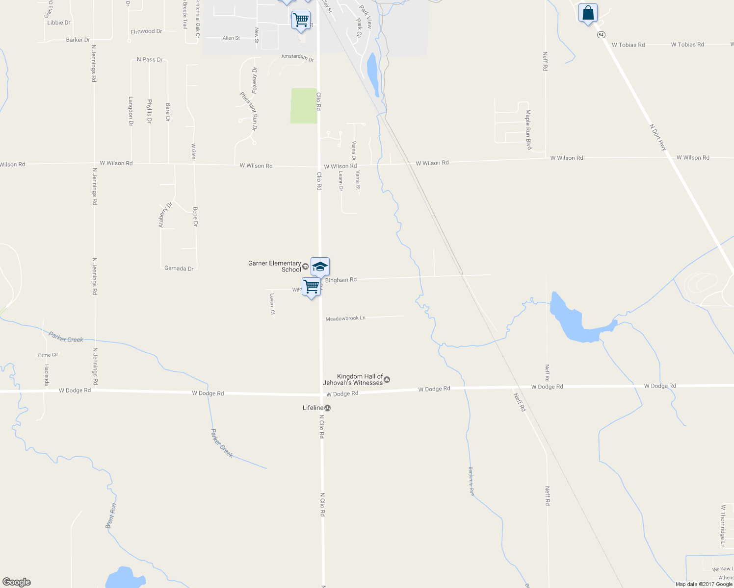 map of restaurants, bars, coffee shops, grocery stores, and more near 2419 Bingham Road in Clio