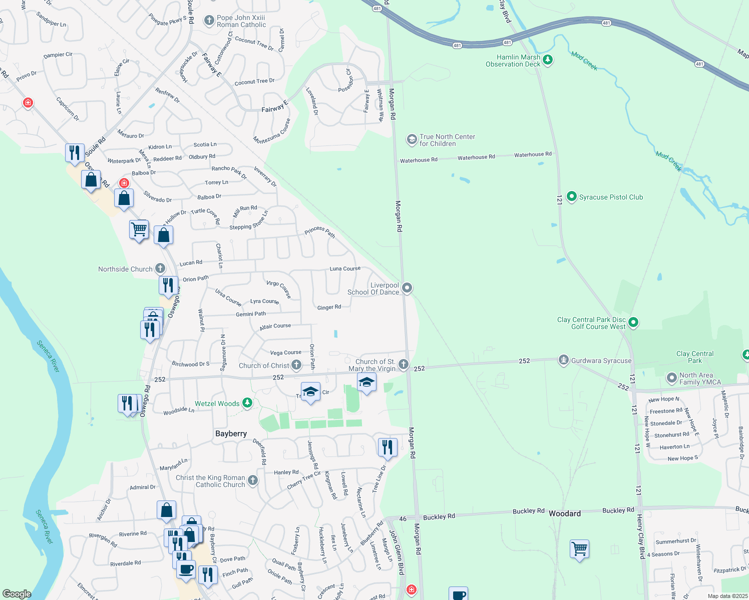 map of restaurants, bars, coffee shops, grocery stores, and more near 7960 Caraway Dr in Liverpool