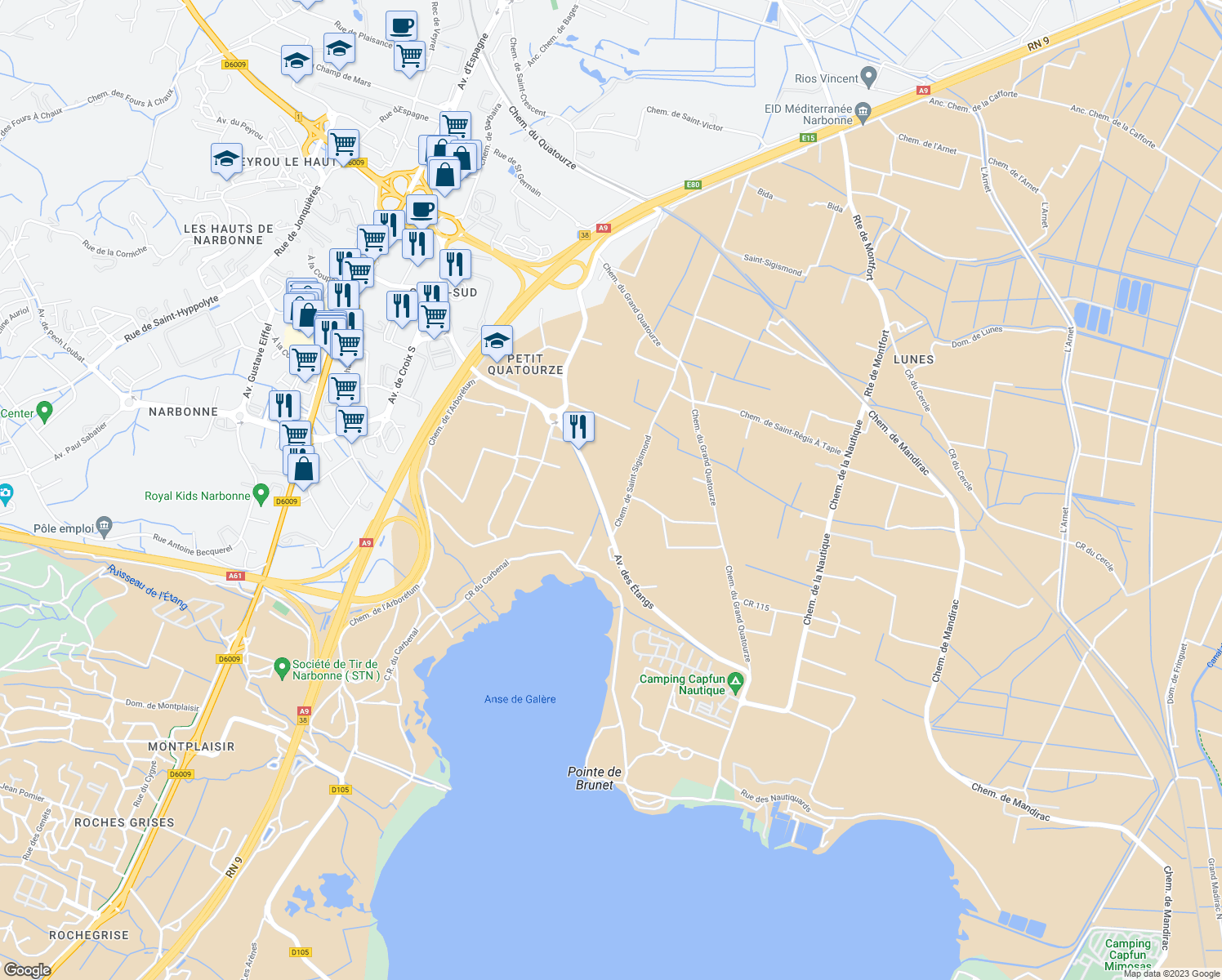 map of restaurants, bars, coffee shops, grocery stores, and more near in Narbonne