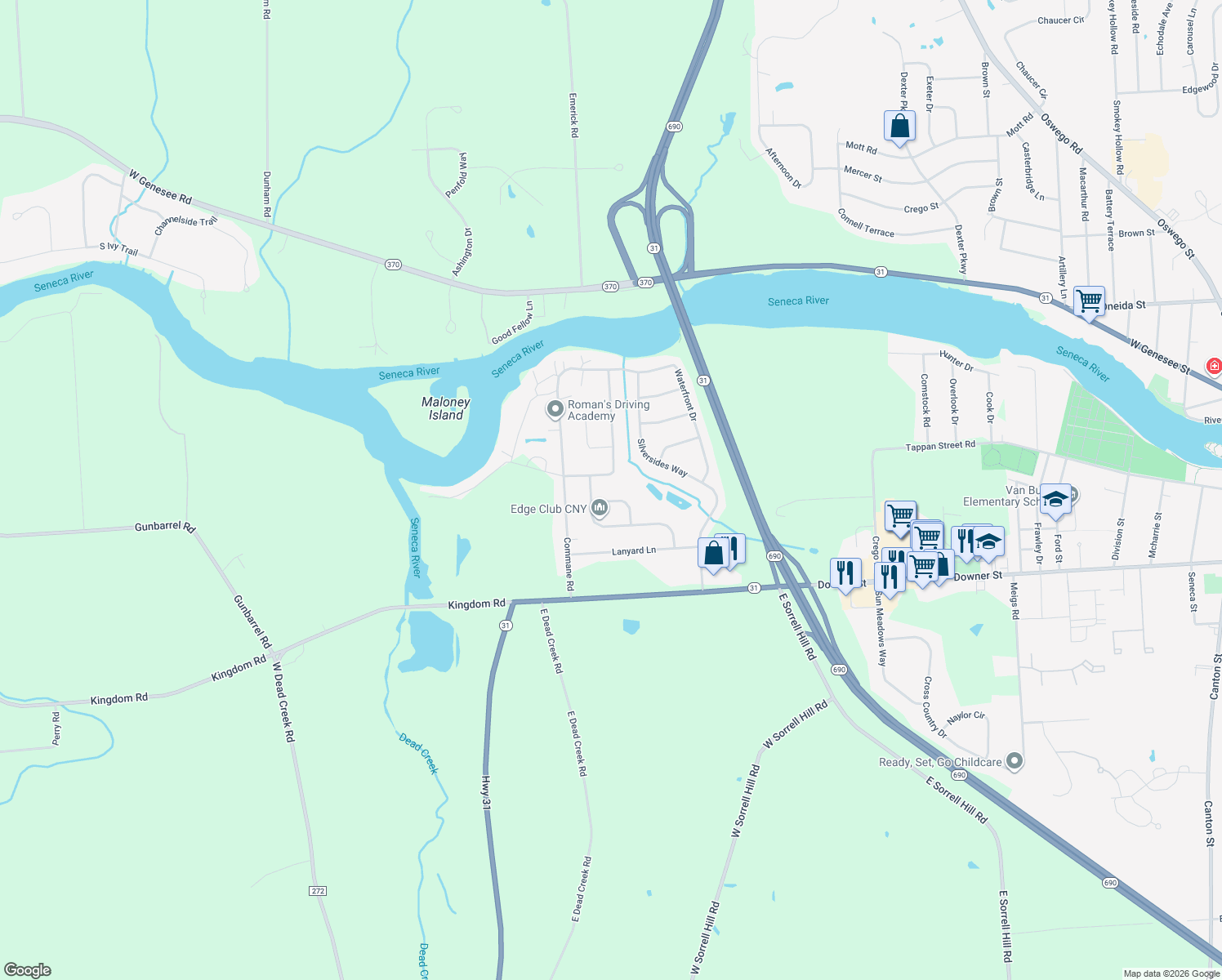 map of restaurants, bars, coffee shops, grocery stores, and more near 12 Kidd Kove in Baldwinsville