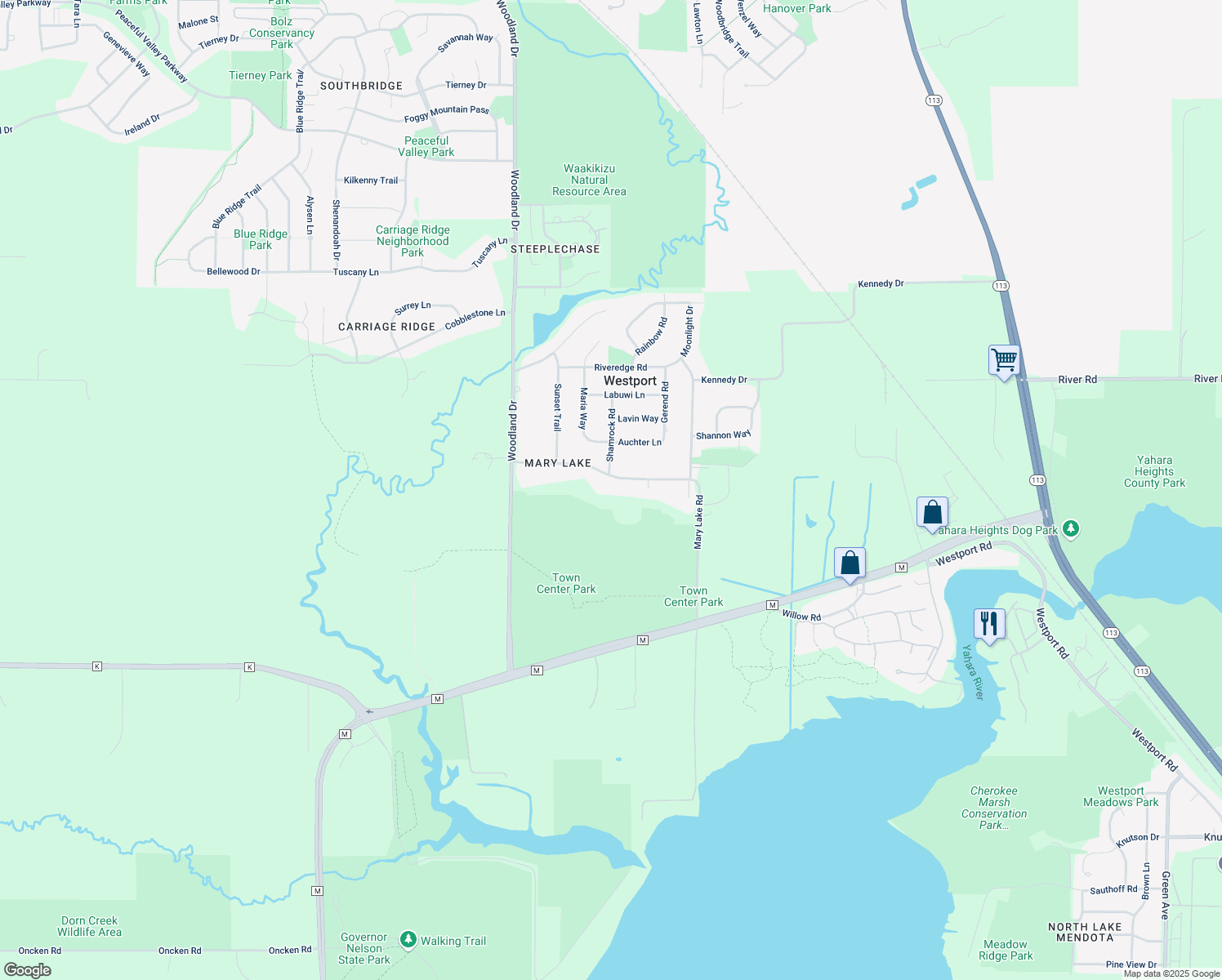 map of restaurants, bars, coffee shops, grocery stores, and more near 5603 Mary Lake Rd in Waunakee