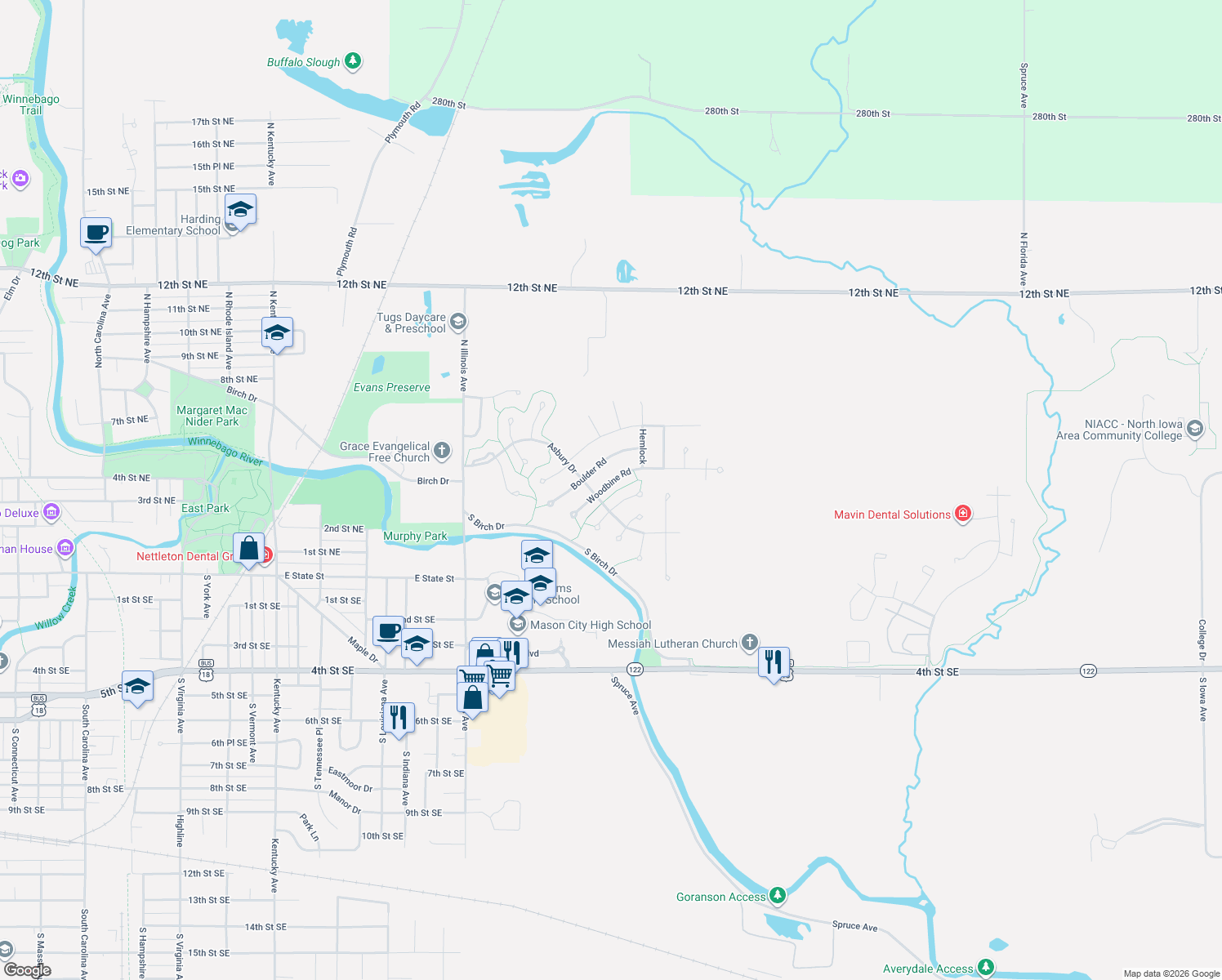map of restaurants, bars, coffee shops, grocery stores, and more near 125 Woodbine Rd in Mason City