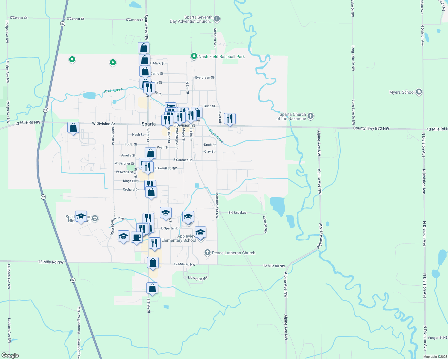 map of restaurants, bars, coffee shops, grocery stores, and more near 311 Blake Street in Sparta