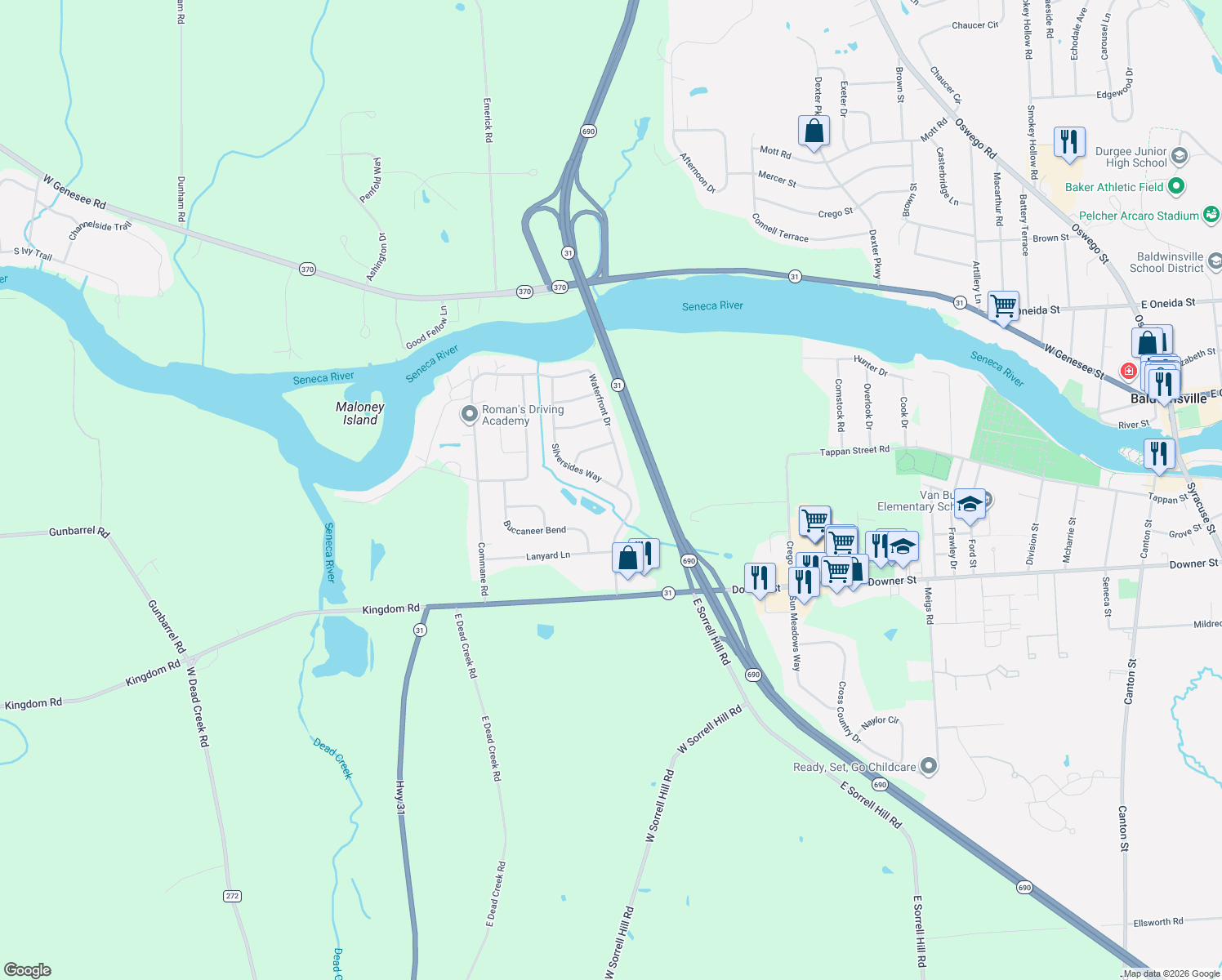 map of restaurants, bars, coffee shops, grocery stores, and more near 73 Silversides Way in Baldwinsville