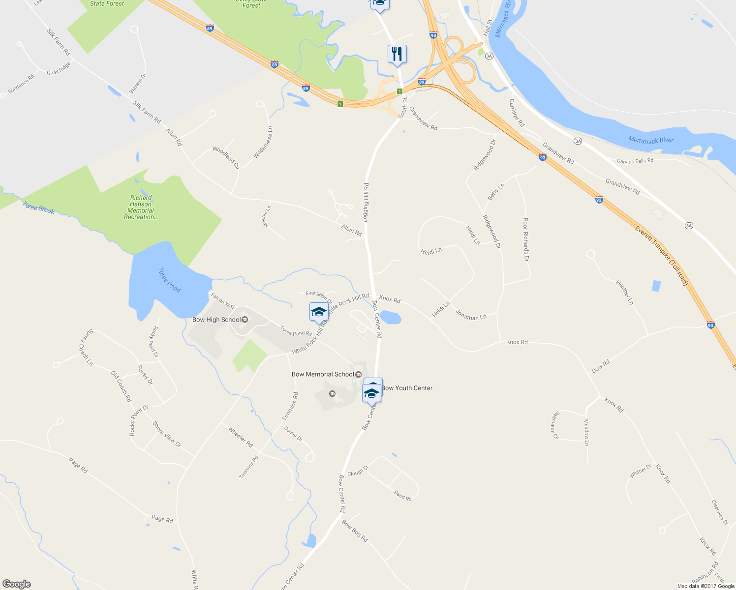 map of restaurants, bars, coffee shops, grocery stores, and more near 4 White Rock Hill Road in Bow