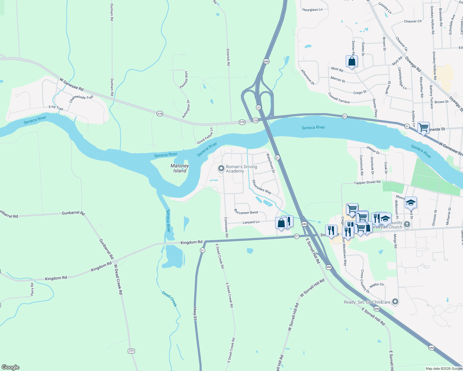 map of restaurants, bars, coffee shops, grocery stores, and more near 5 Commodore Cir in Baldwinsville