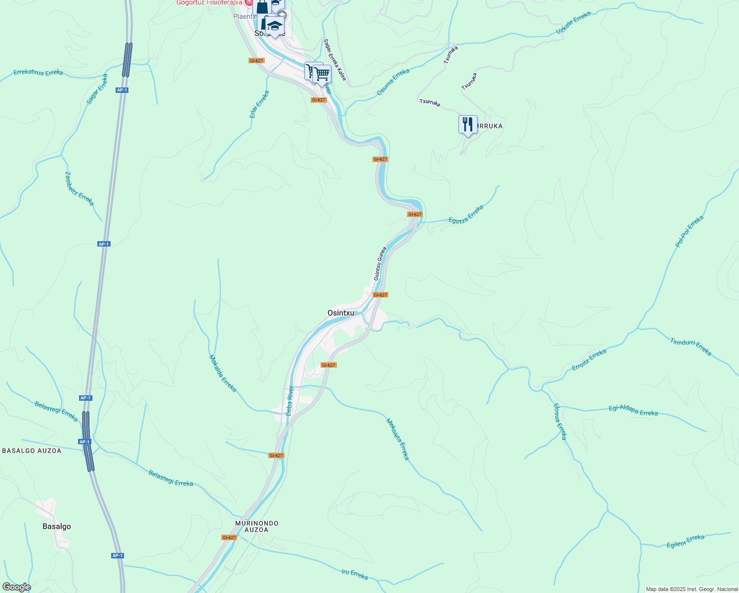 map of restaurants, bars, coffee shops, grocery stores, and more near 20 Osintxu in Vergara