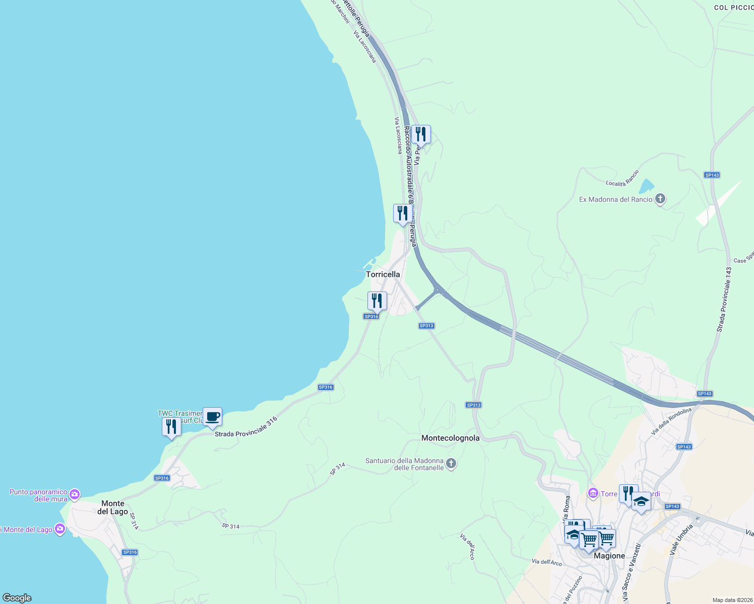 map of restaurants, bars, coffee shops, grocery stores, and more near 43 Viale del Lavoro in Torricella