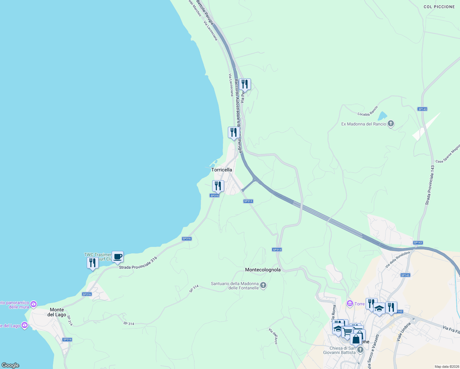 map of restaurants, bars, coffee shops, grocery stores, and more near 43 Viale del Lavoro in Torricella