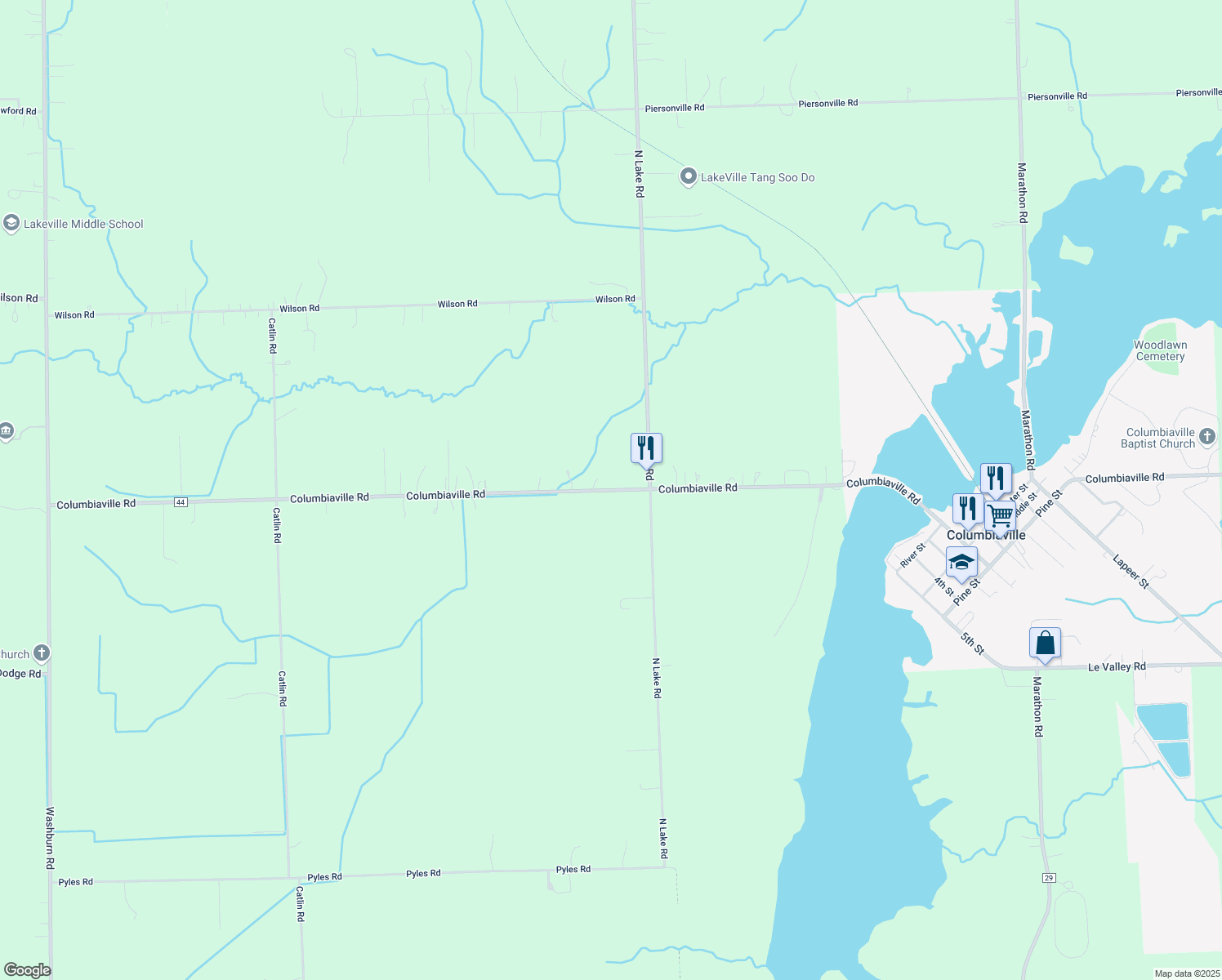 map of restaurants, bars, coffee shops, grocery stores, and more near 5122 Columbiaville Road in Columbiaville