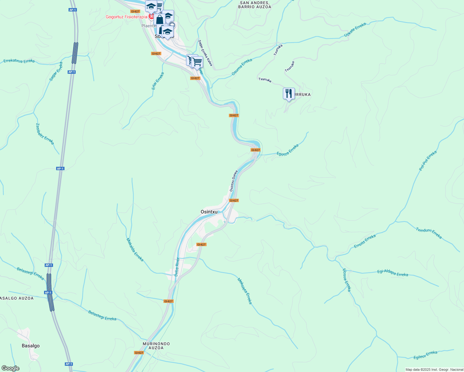 map of restaurants, bars, coffee shops, grocery stores, and more near 20 Osintxu in Vergara