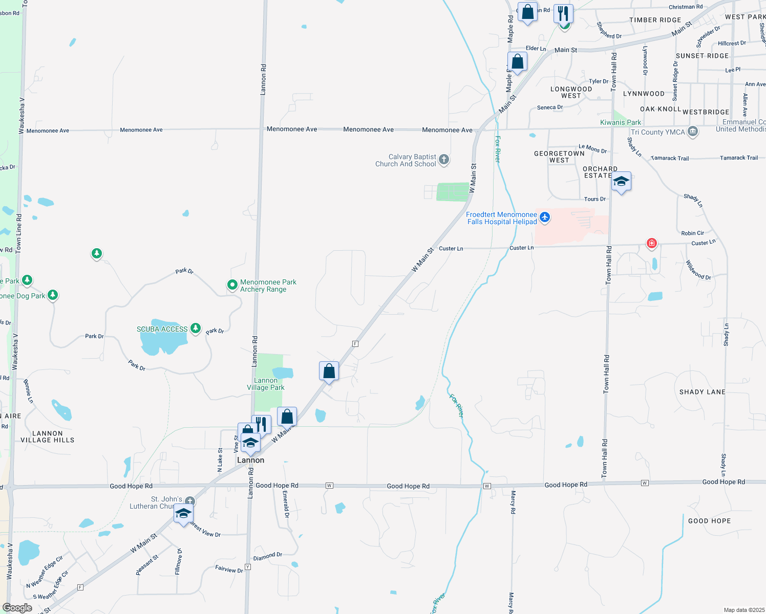 map of restaurants, bars, coffee shops, grocery stores, and more near 19545 West Main Street in Lannon