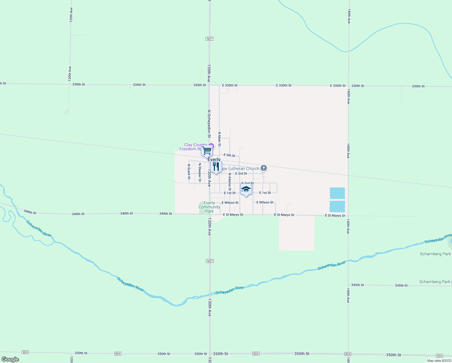 map of restaurants, bars, coffee shops, grocery stores, and more near 107 E 2nd St in Everly