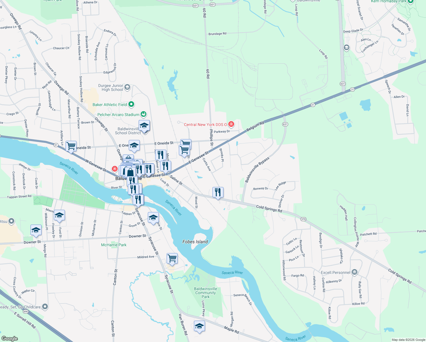 map of restaurants, bars, coffee shops, grocery stores, and more near 23 Curtis Ave in Baldwinsville