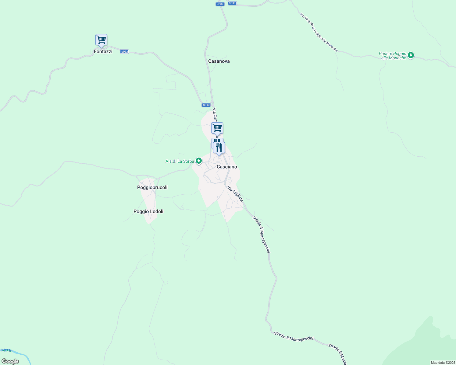 map of restaurants, bars, coffee shops, grocery stores, and more near 8 Via dell'Ornate in Casciano