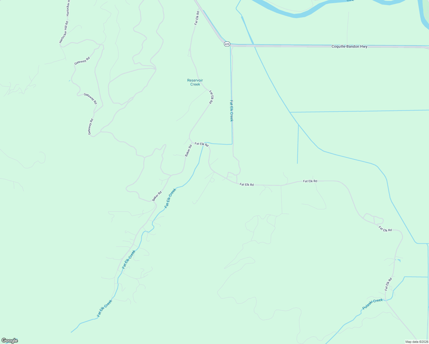map of restaurants, bars, coffee shops, grocery stores, and more near 57334 Fat Elk Road in Coquille