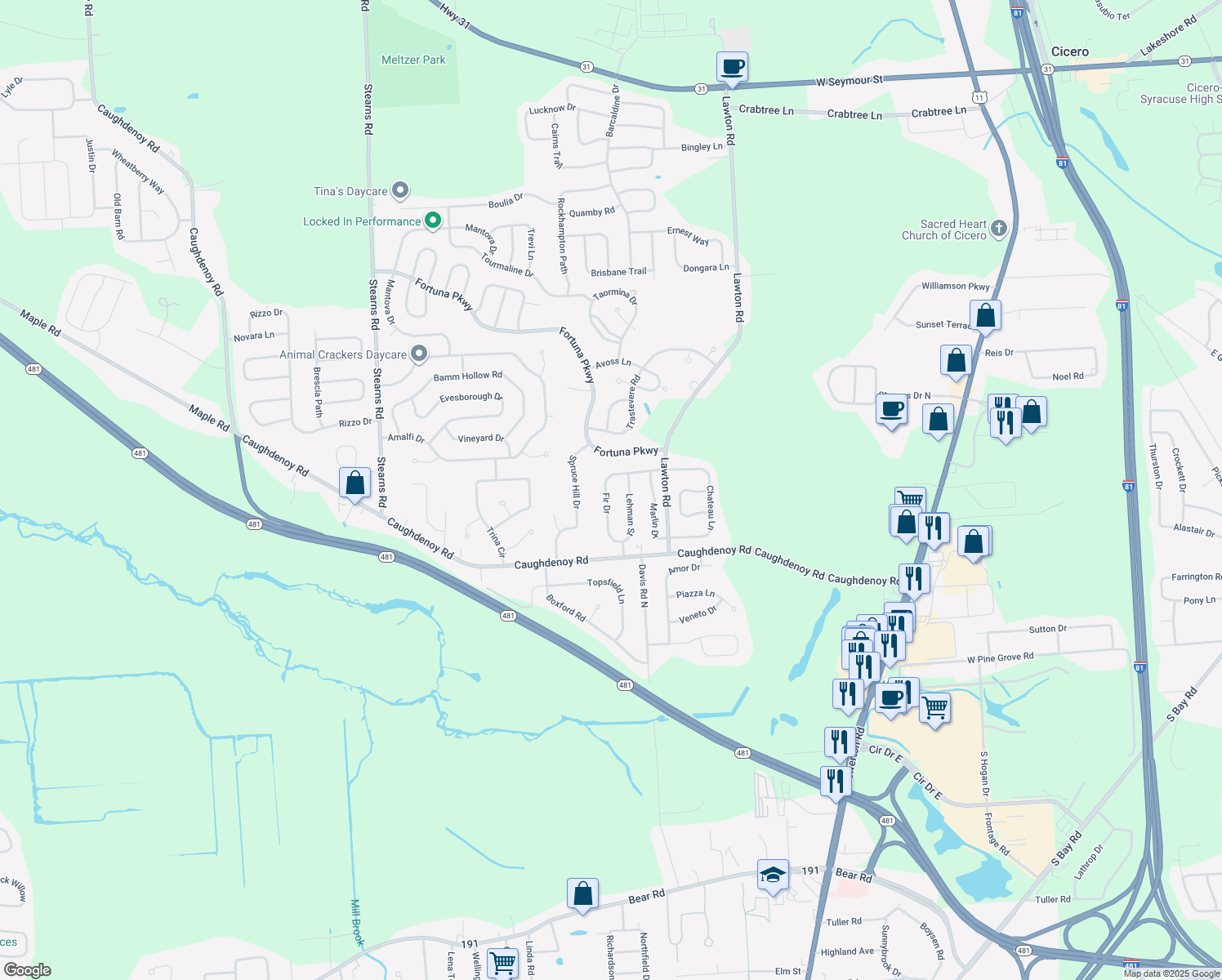 map of restaurants, bars, coffee shops, grocery stores, and more near 8022 Fir Dr in Clay