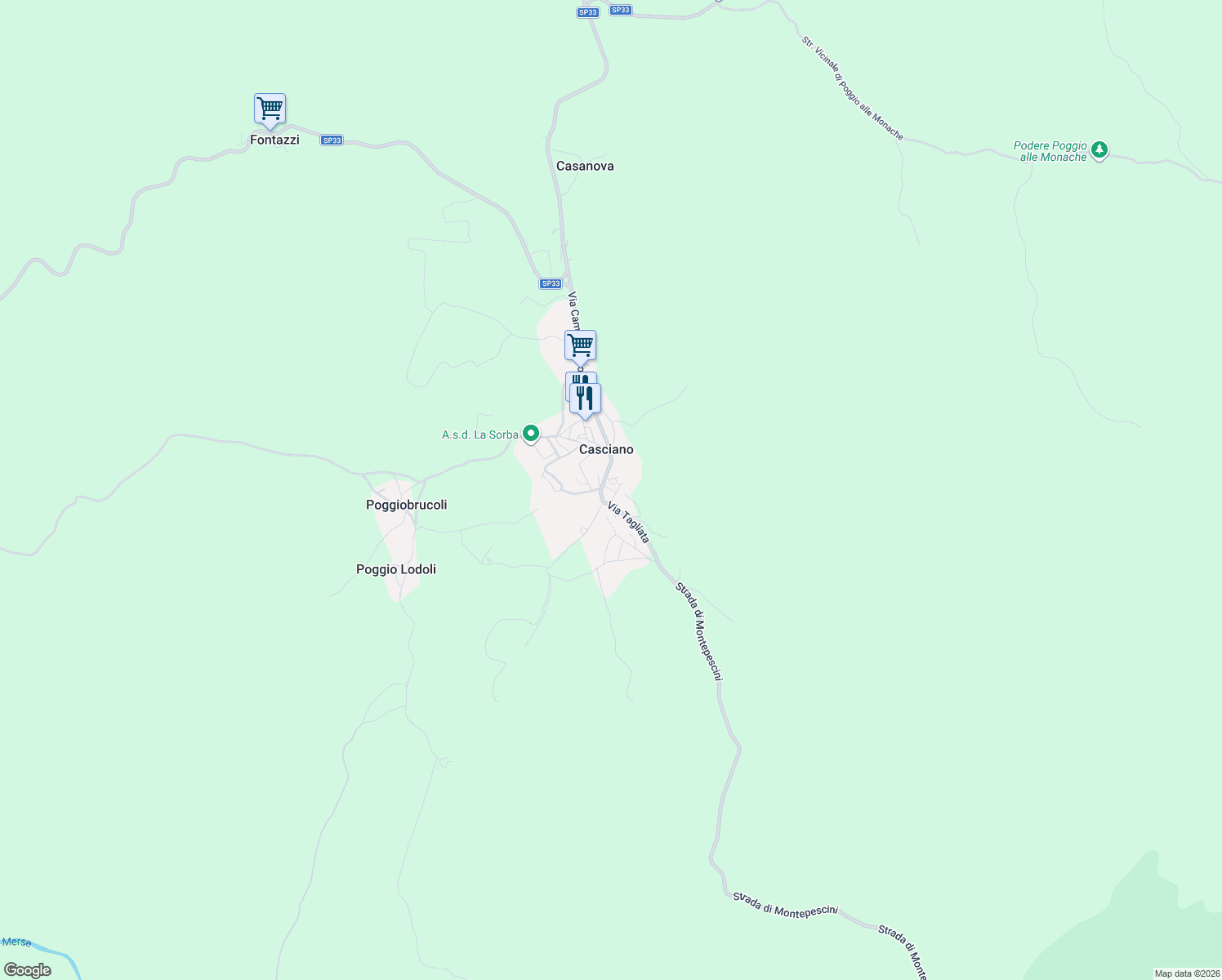 map of restaurants, bars, coffee shops, grocery stores, and more near 8 Via dell'Ornate in Casciano