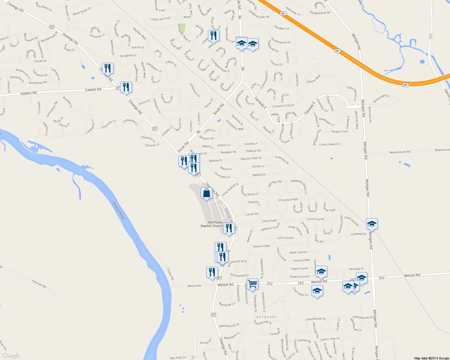 map of restaurants, bars, coffee shops, grocery stores, and more near 4116 Silverado Drive in Liverpool