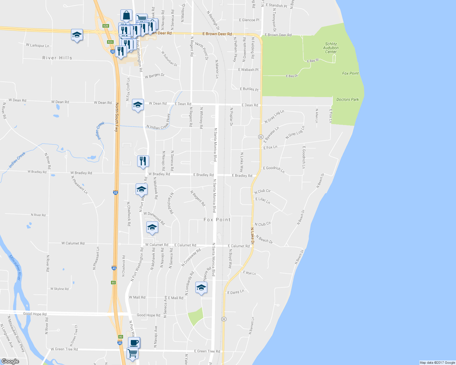 map of restaurants, bars, coffee shops, grocery stores, and more near 7919 North Boyd Way in Fox Point