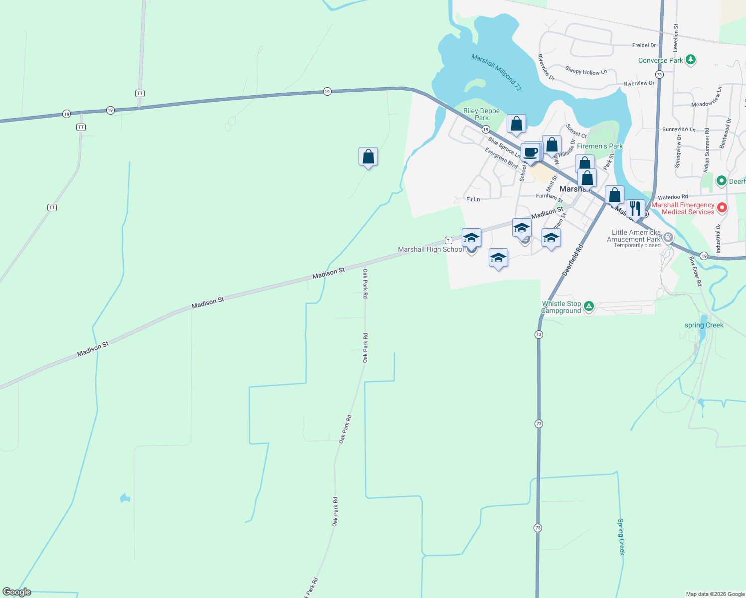 map of restaurants, bars, coffee shops, grocery stores, and more near 5720 Oak Park Road in Marshall