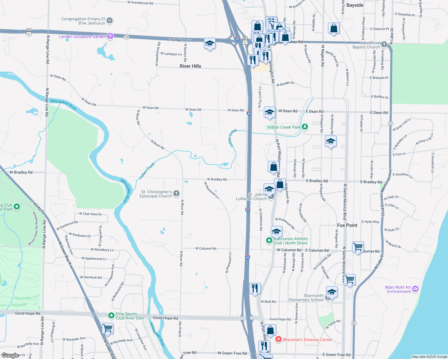 map of restaurants, bars, coffee shops, grocery stores, and more near 900 West Bradley Road in River Hills